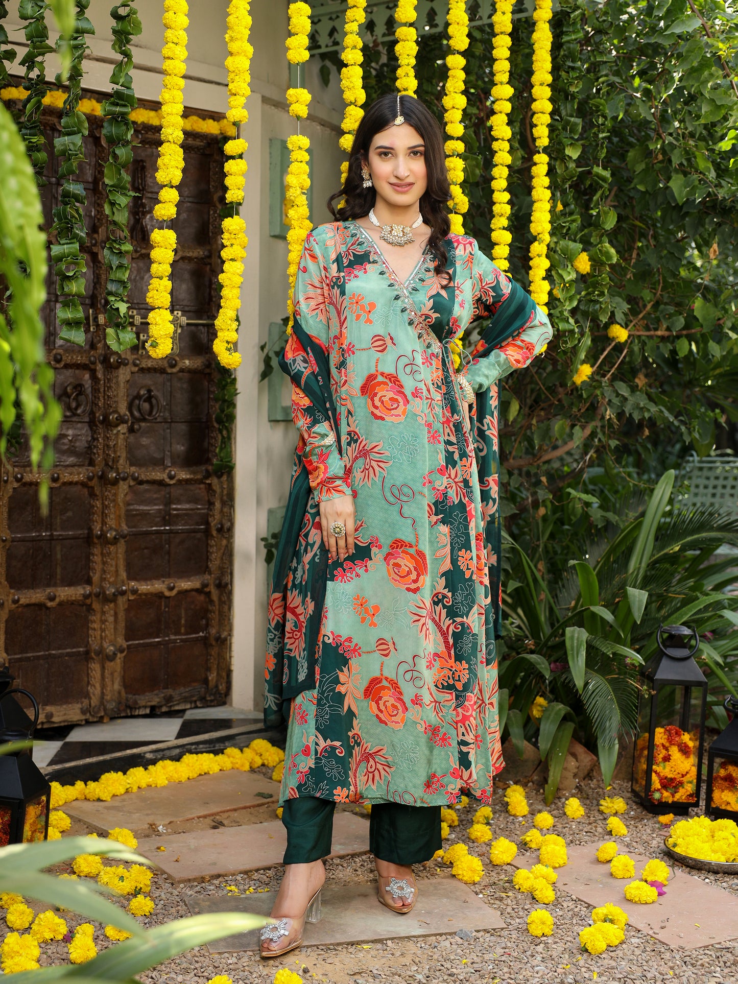 Sabz green Floral printed Angrakhaa set