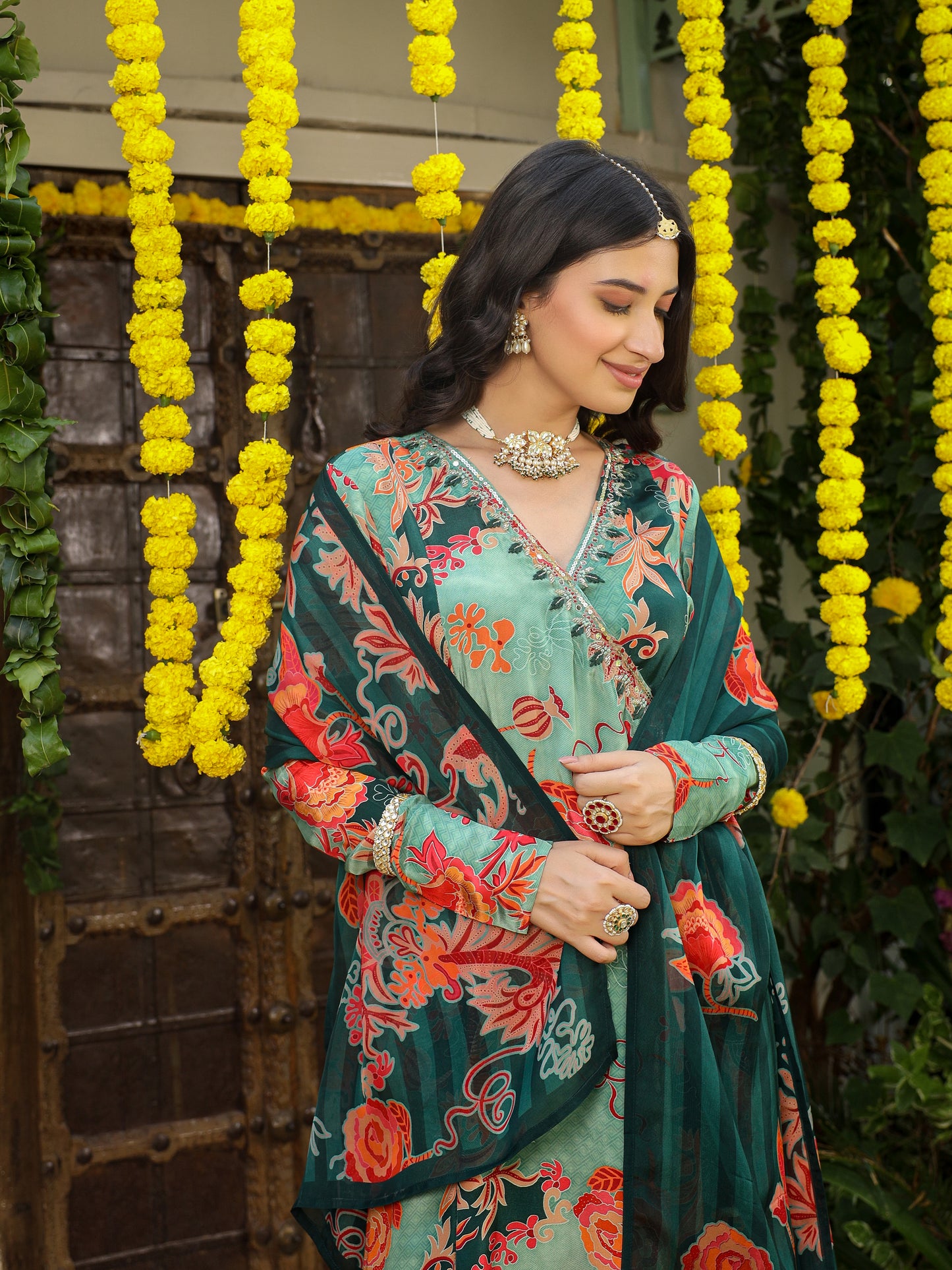Sabz green Floral printed Angrakhaa set
