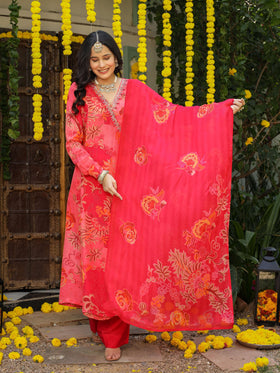 Gul Red Floral printed Angrakhaa set