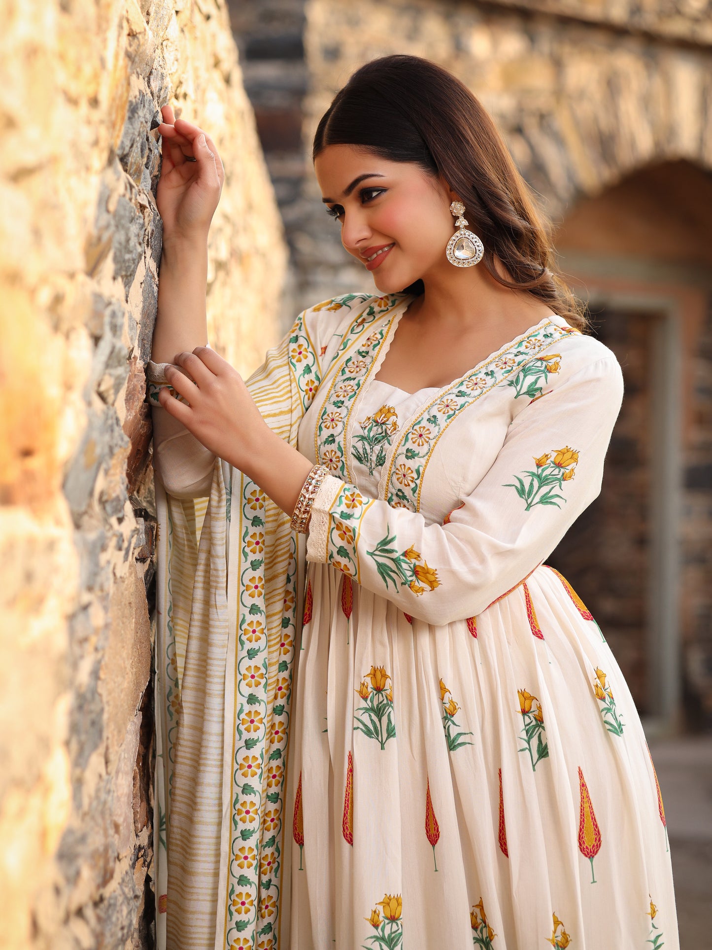 Beige Yellow Muslin Anarkali Set