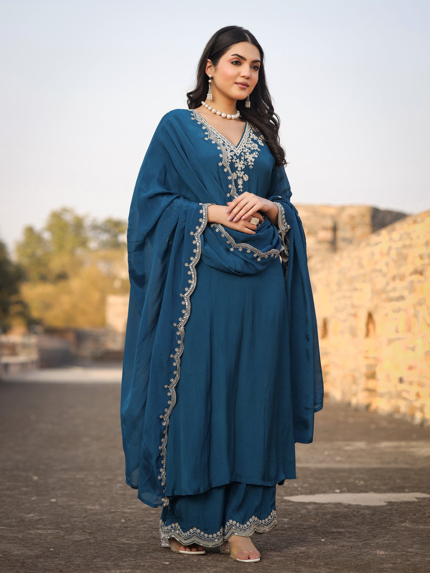 Navy Blue Chinnon Kurta Set