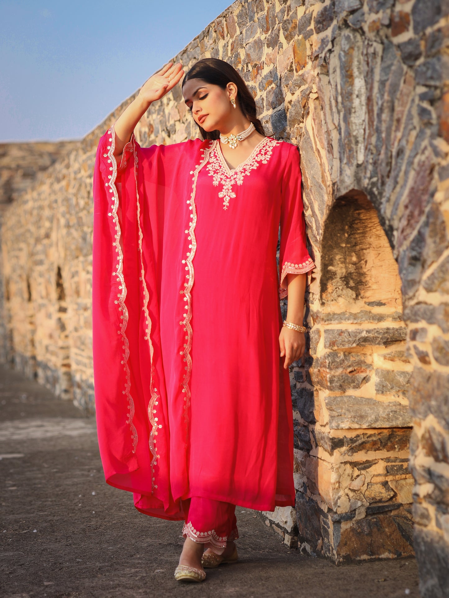 Pink Chinnon Kurta Set