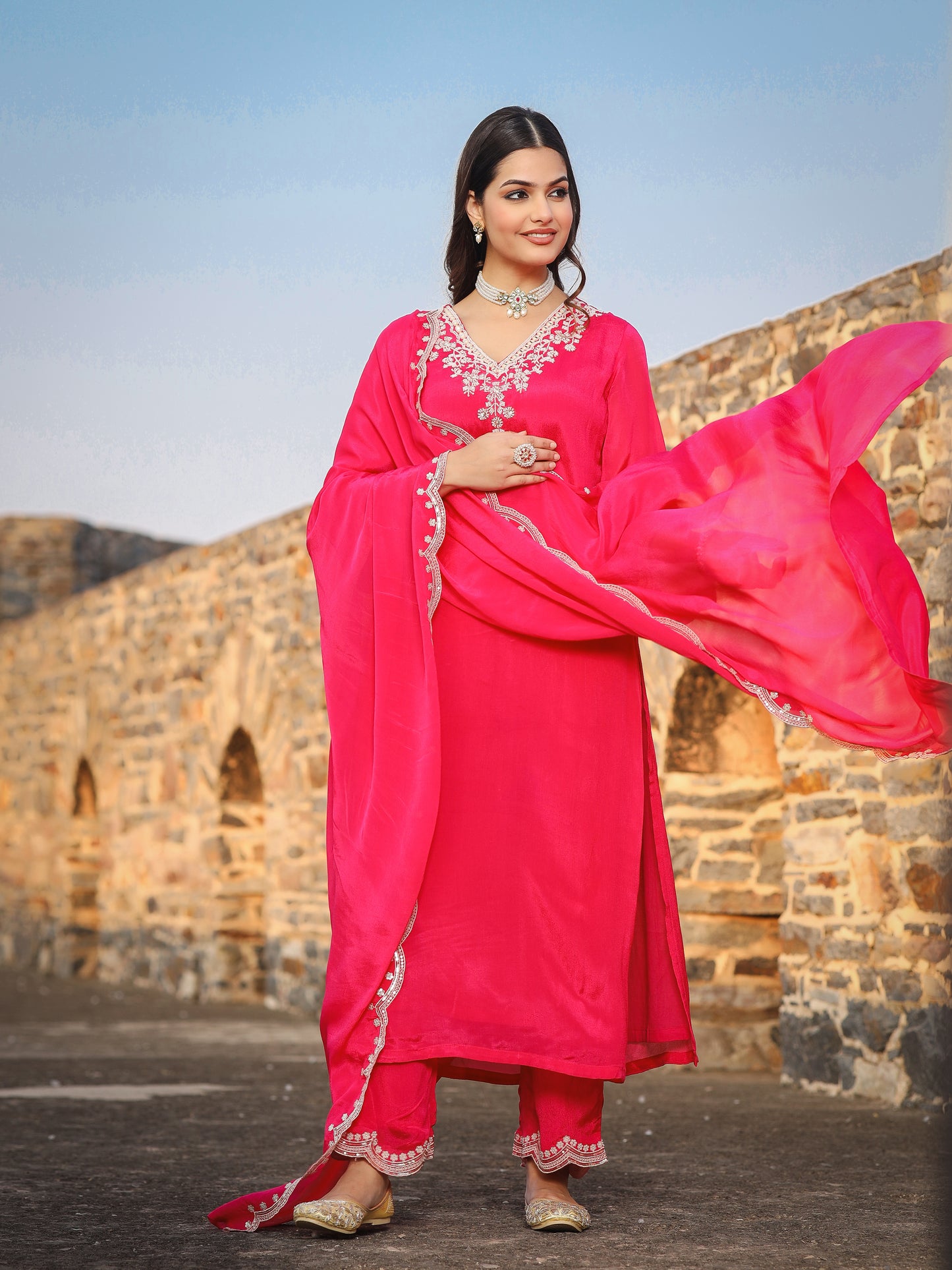 Pink Chinnon Kurta Set