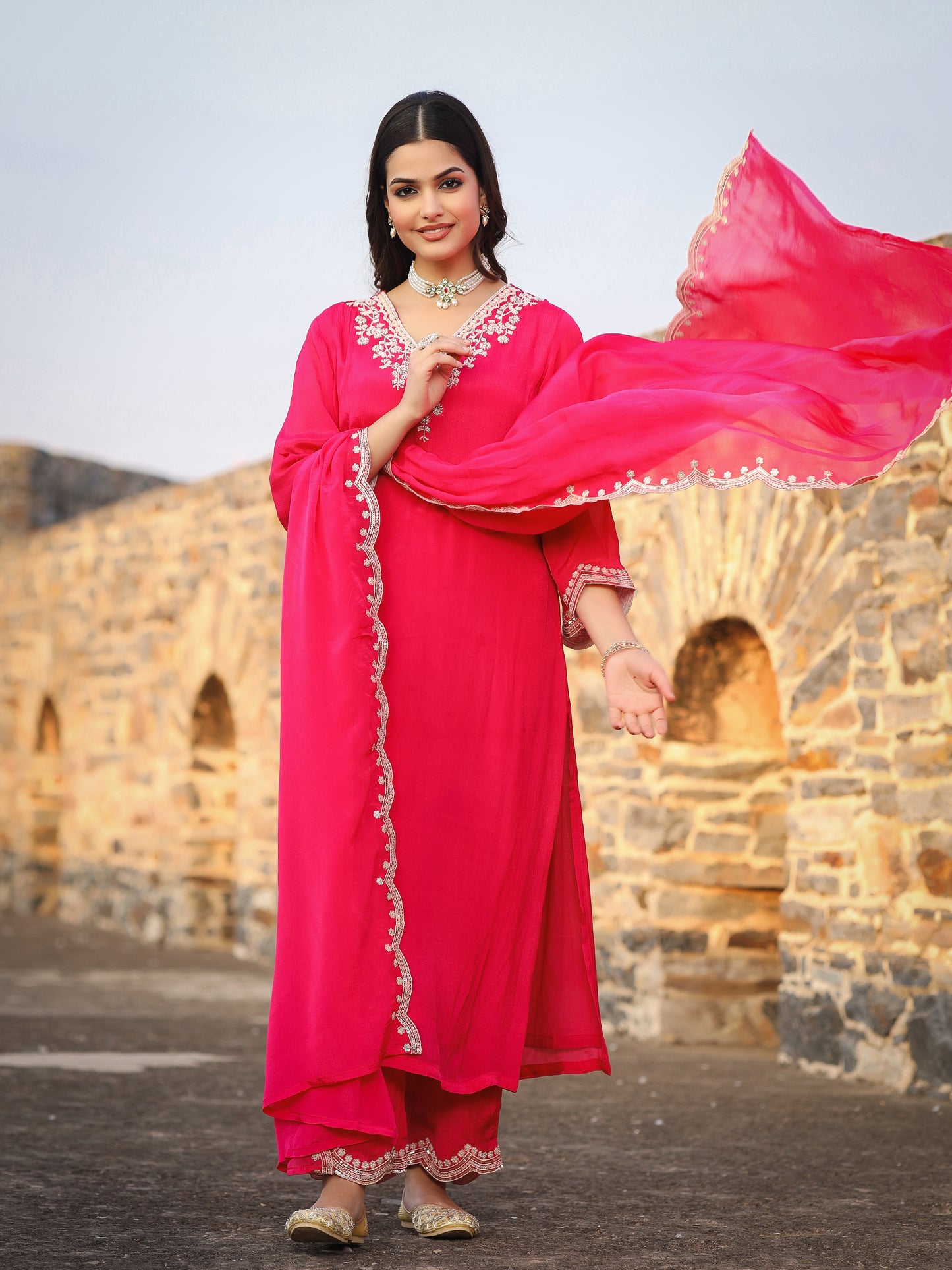 Pink Chinnon Kurta Set