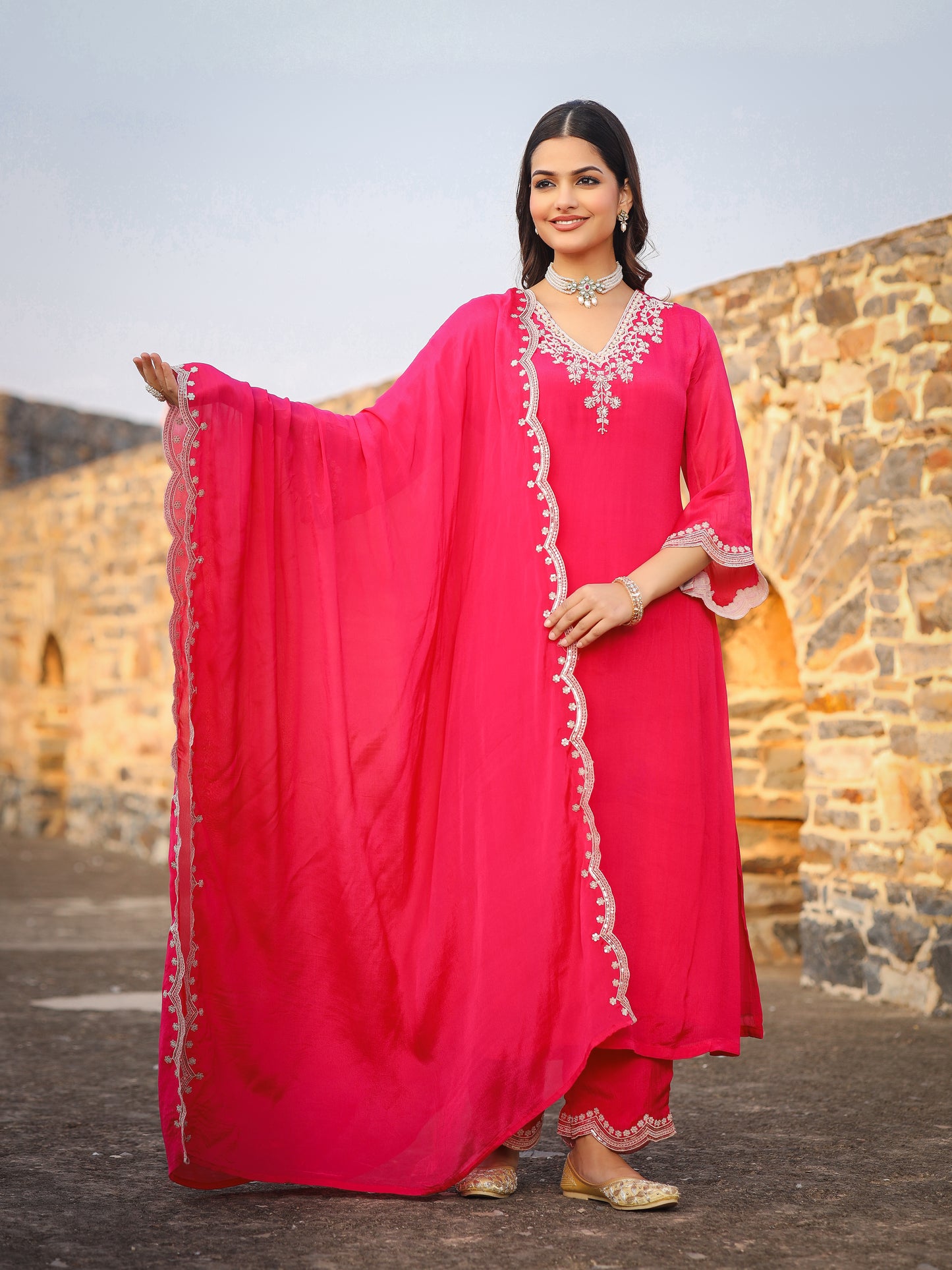 Pink Chinnon Kurta Set