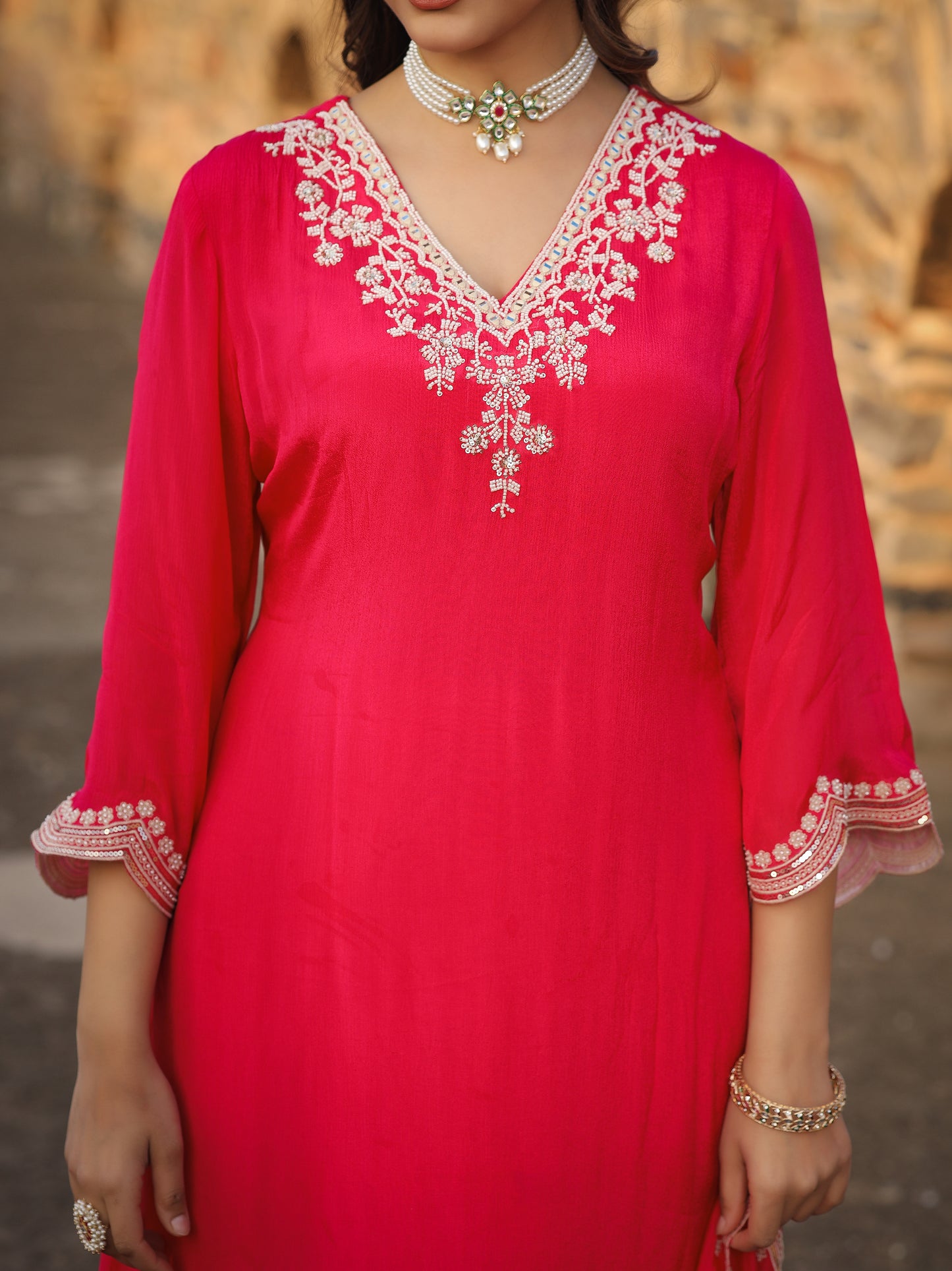 Pink Chinnon Kurta Set