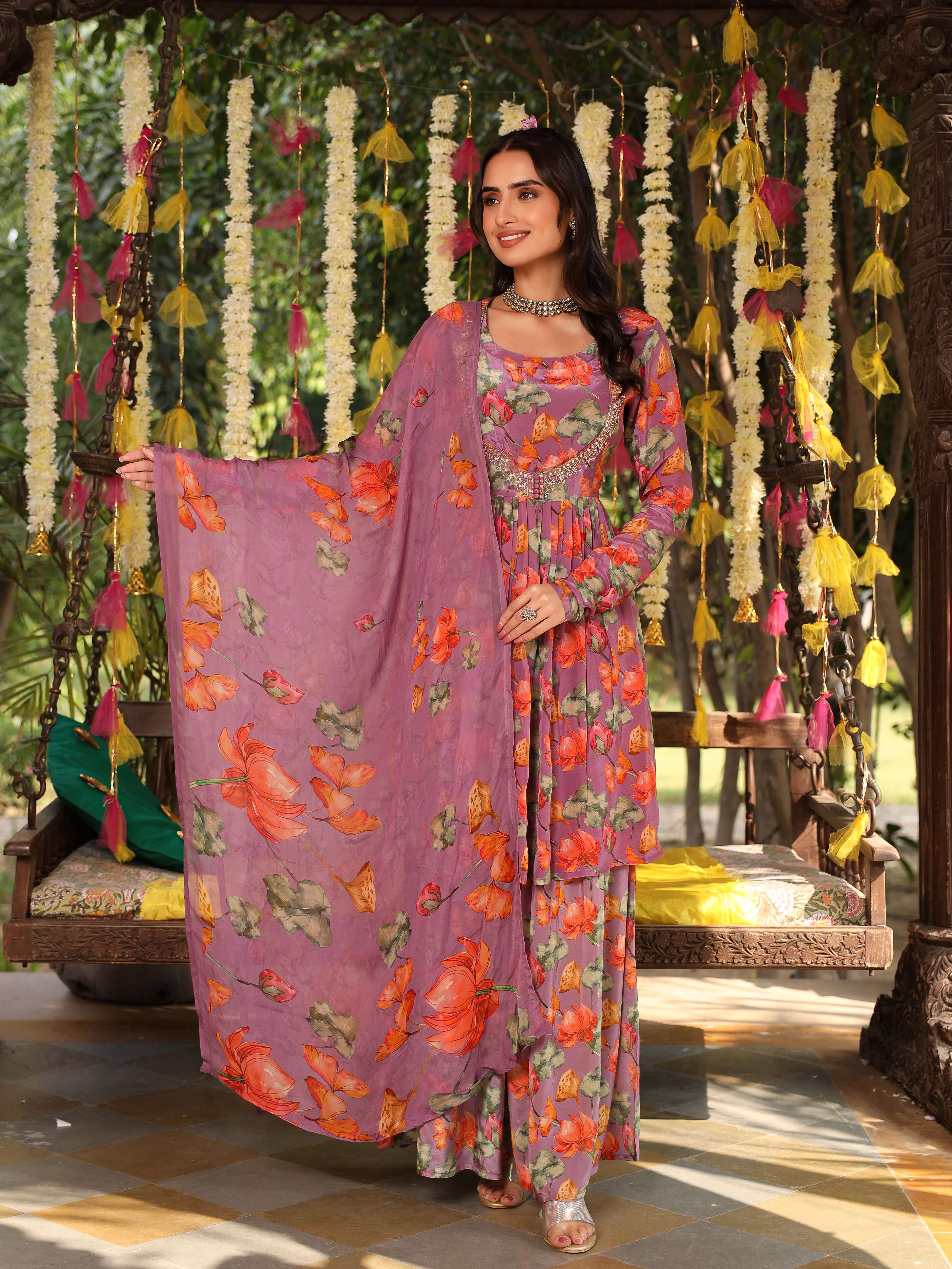 Purple printed sharara suit set