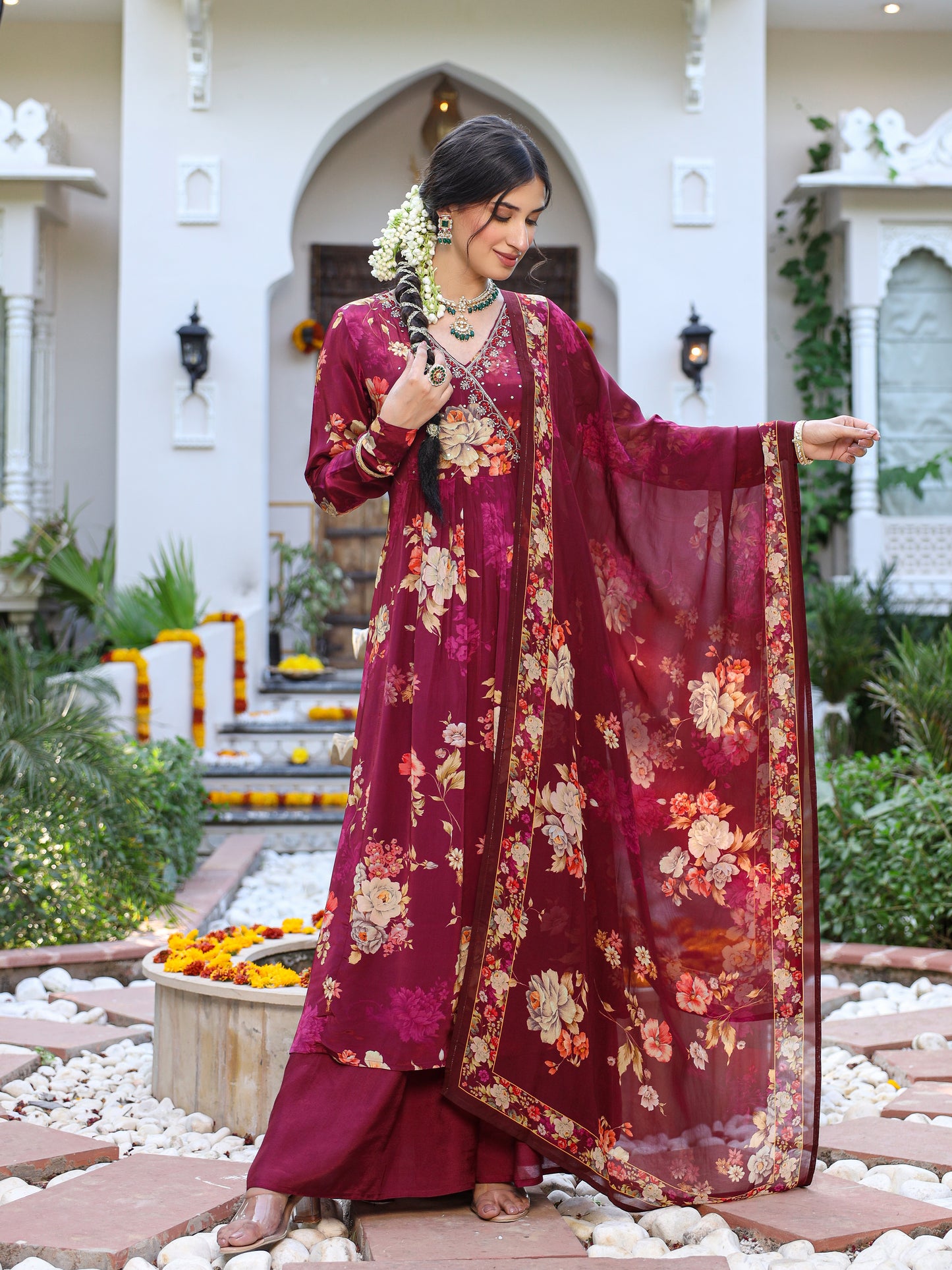 Gehra Maroon Printed Angrakhaa set