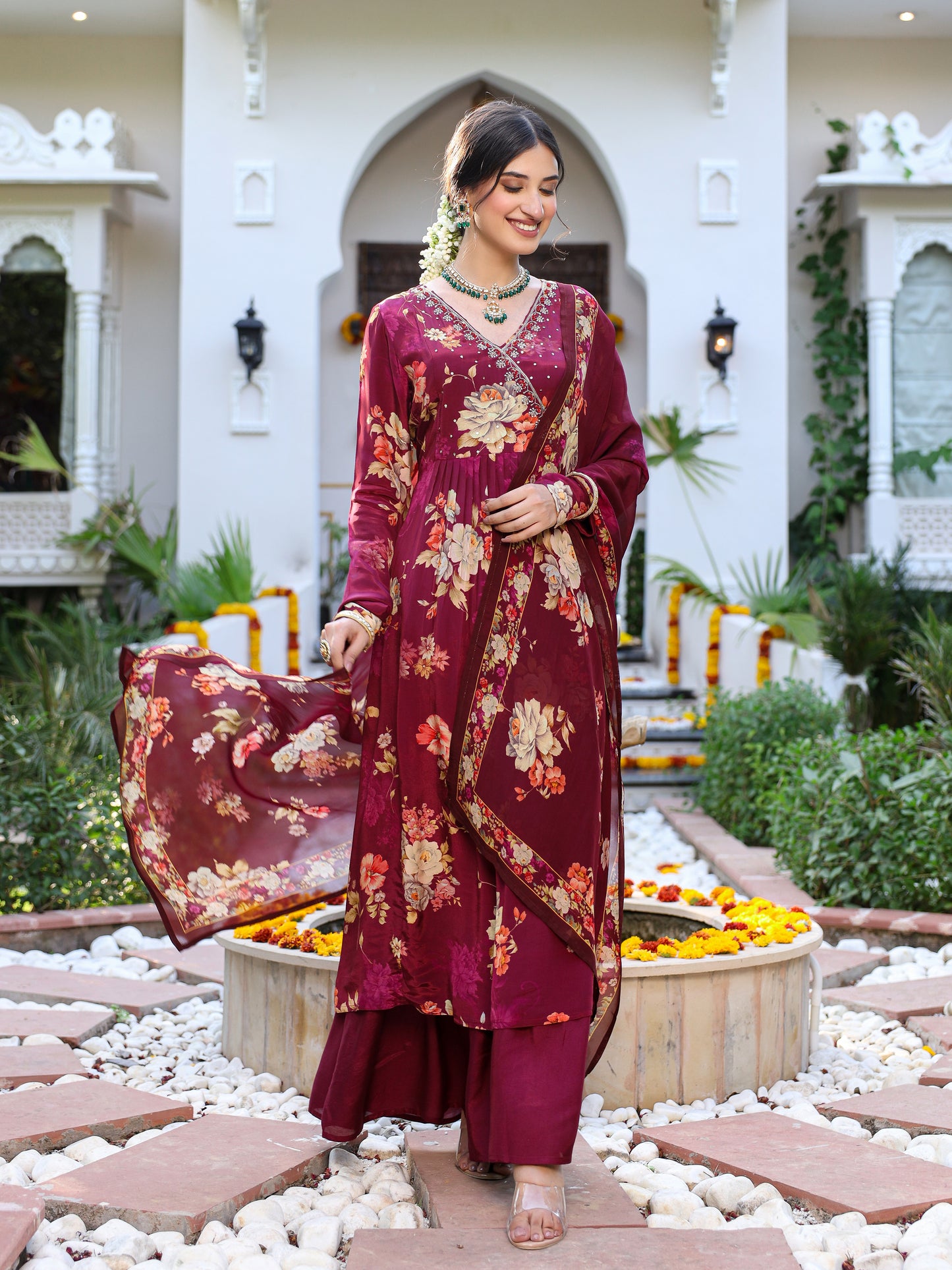 Gehra Maroon Printed Angrakhaa set