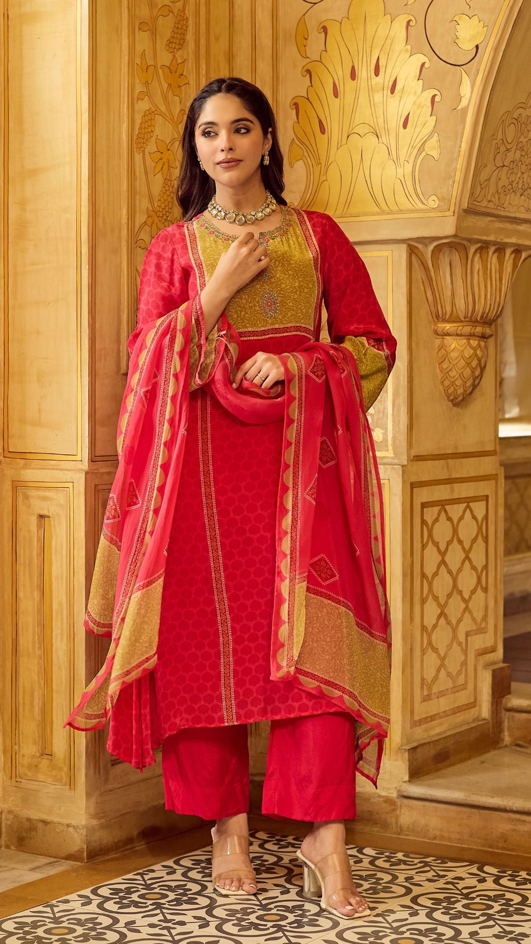 Crimson Mustard Glow Crepe Suit Set
