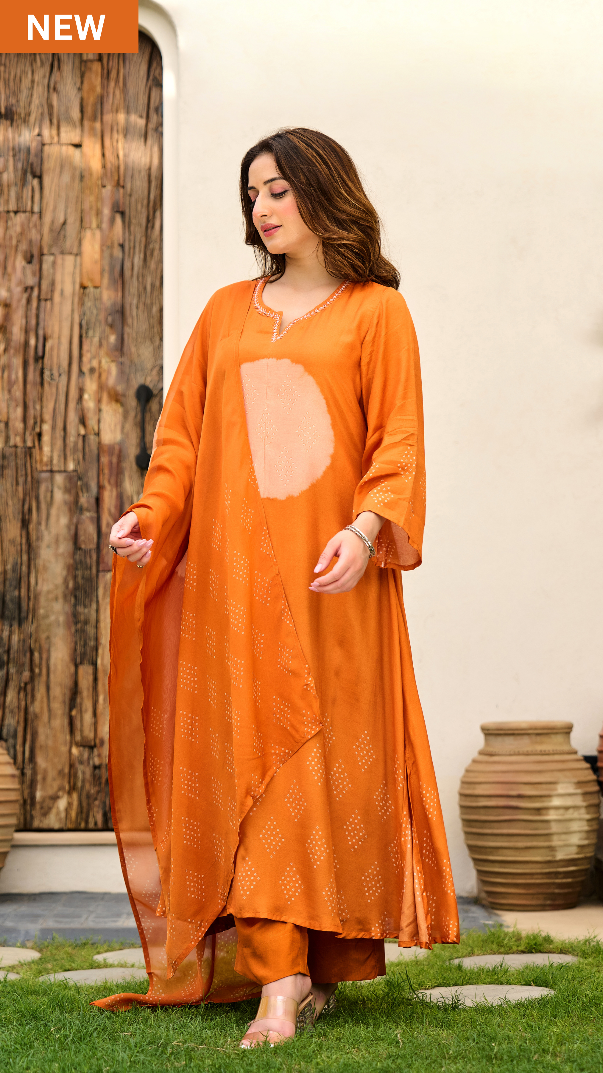Rust Orange Printed Muslin Suit Set