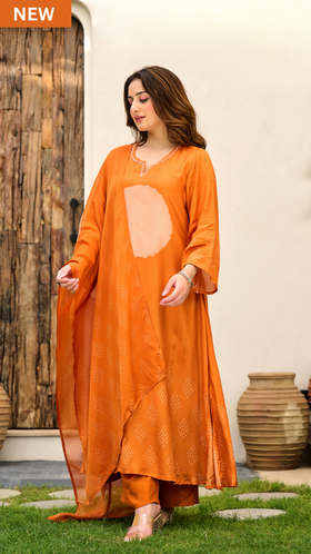 Rust Orange Printed Muslin Suit Set
