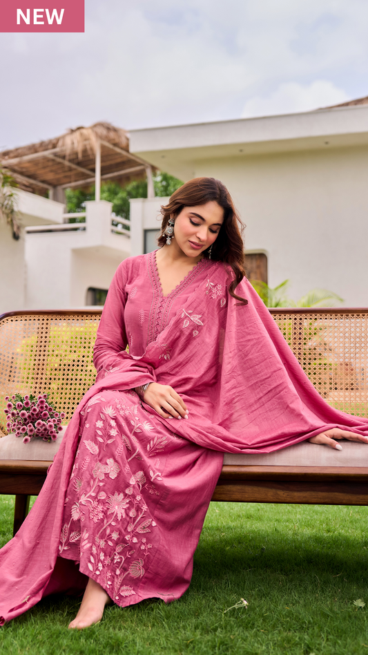Blush Blossom Chanderi Suit Set