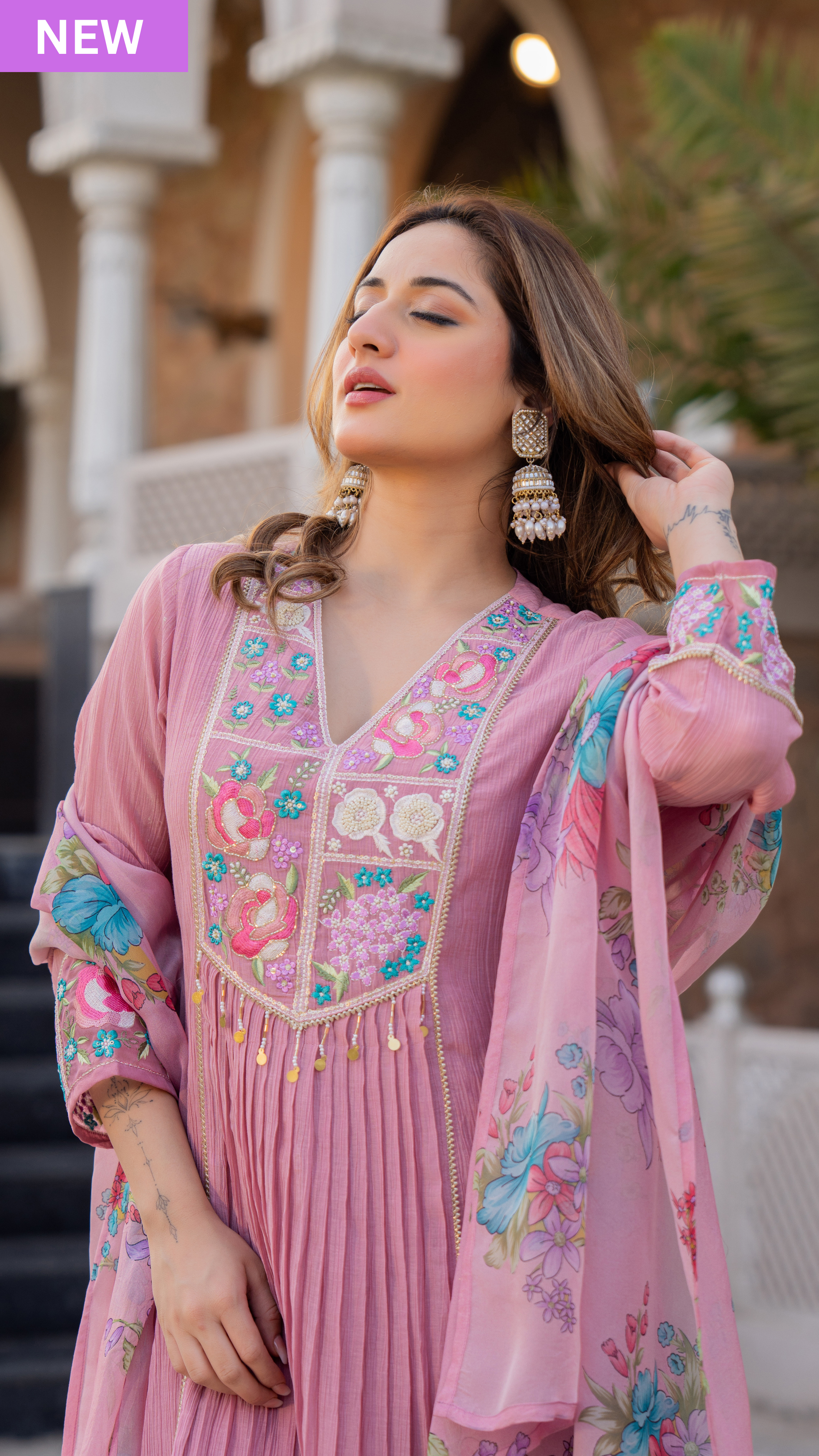 Rose Lilac Chanderi Embroidered Suit Set