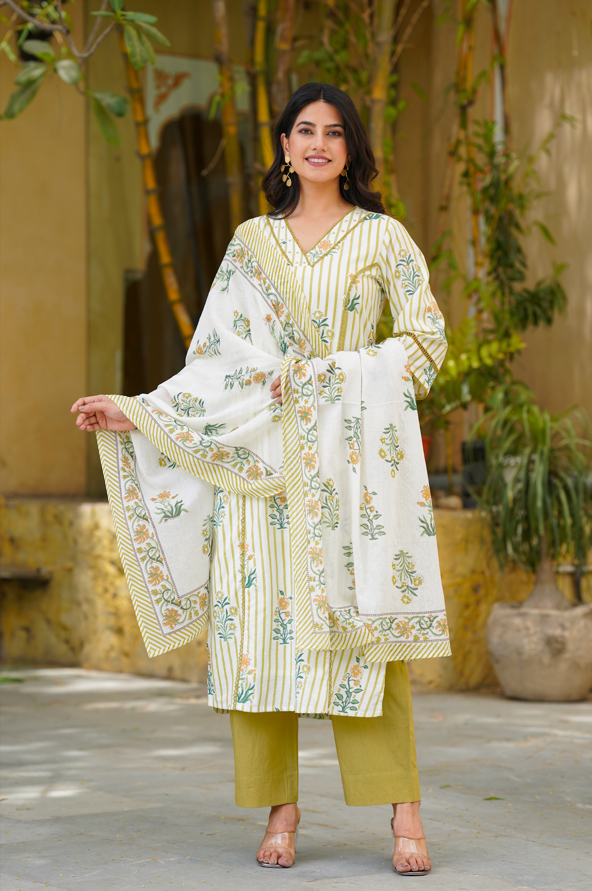 Yellow Striped Straight Kurta Set