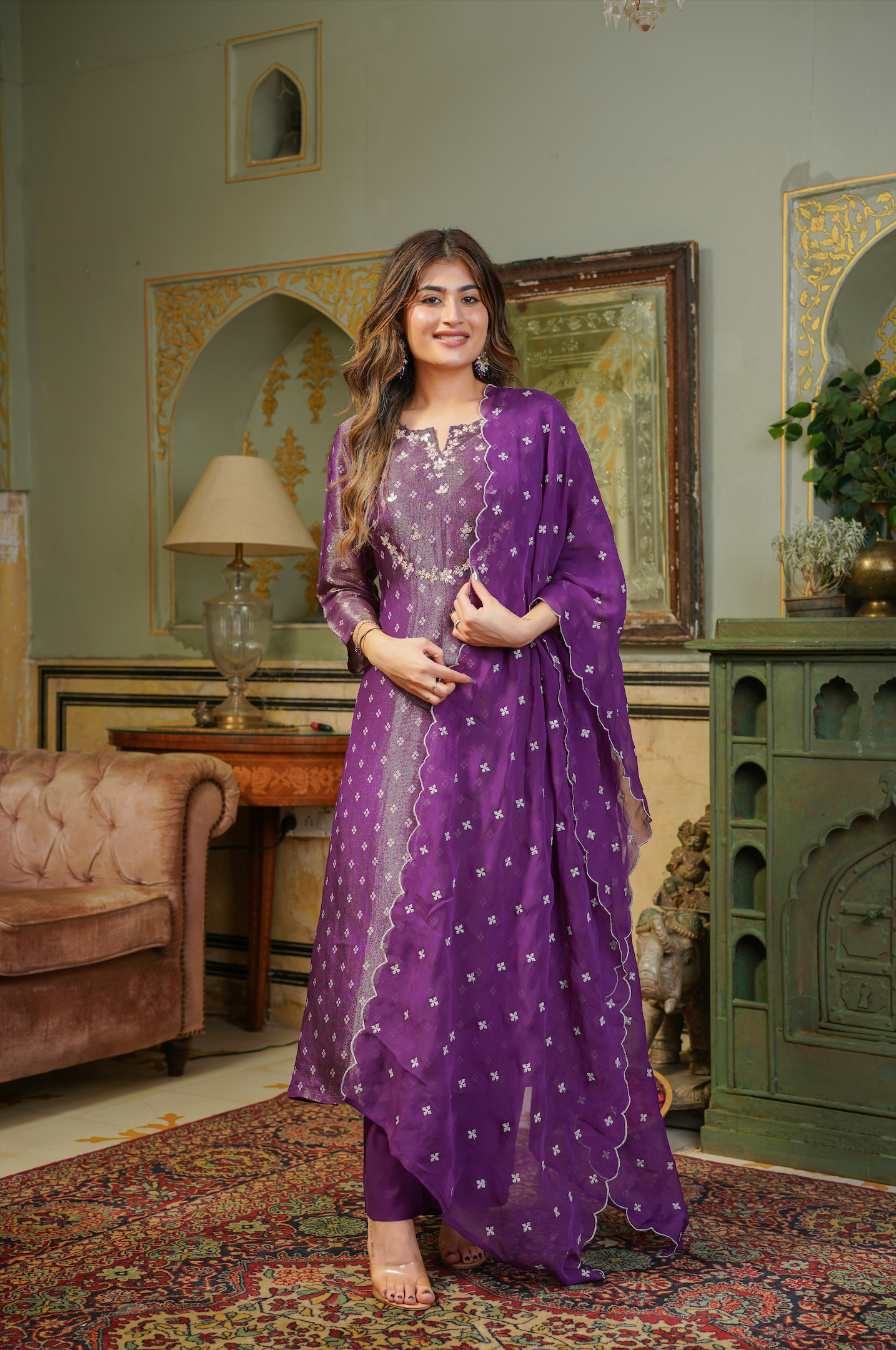 Plum Shimmer Bandhej Suit Set