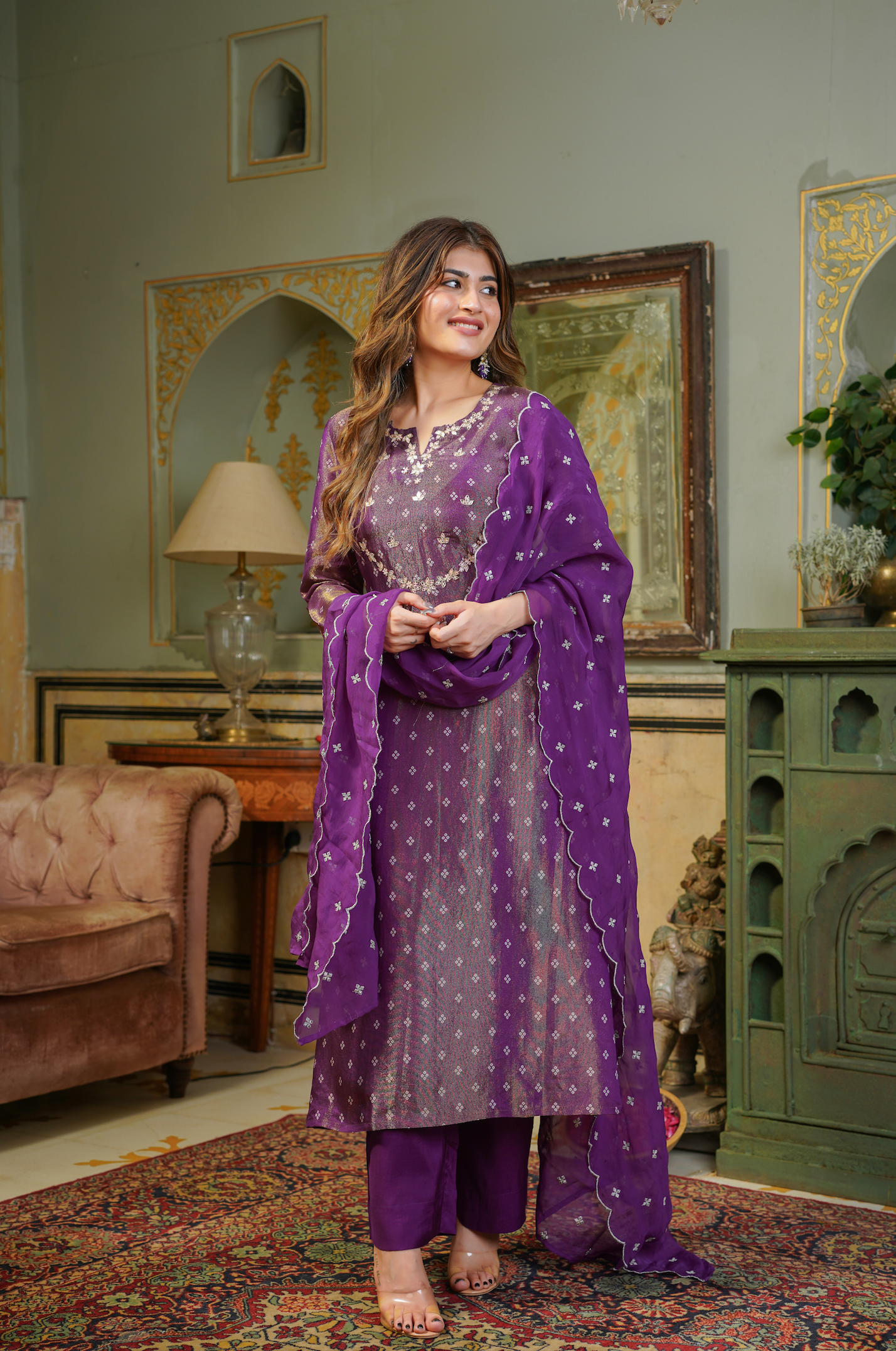 Plum Shimmer Bandhej Suit Set