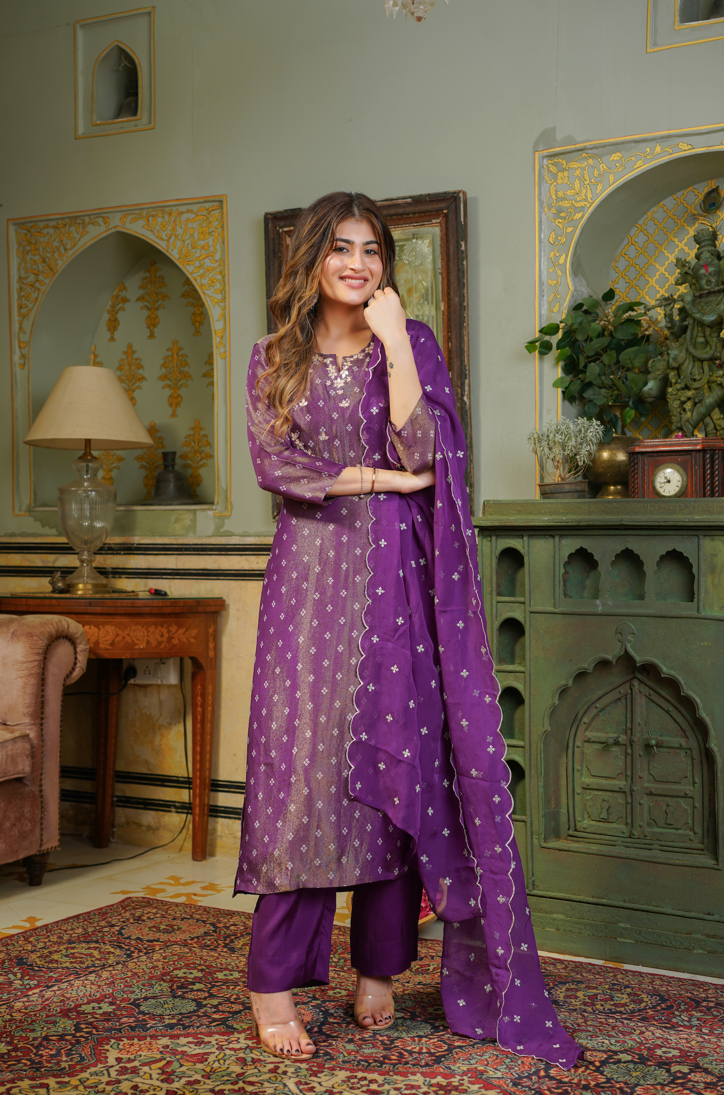 Plum Shimmer Bandhej Suit Set