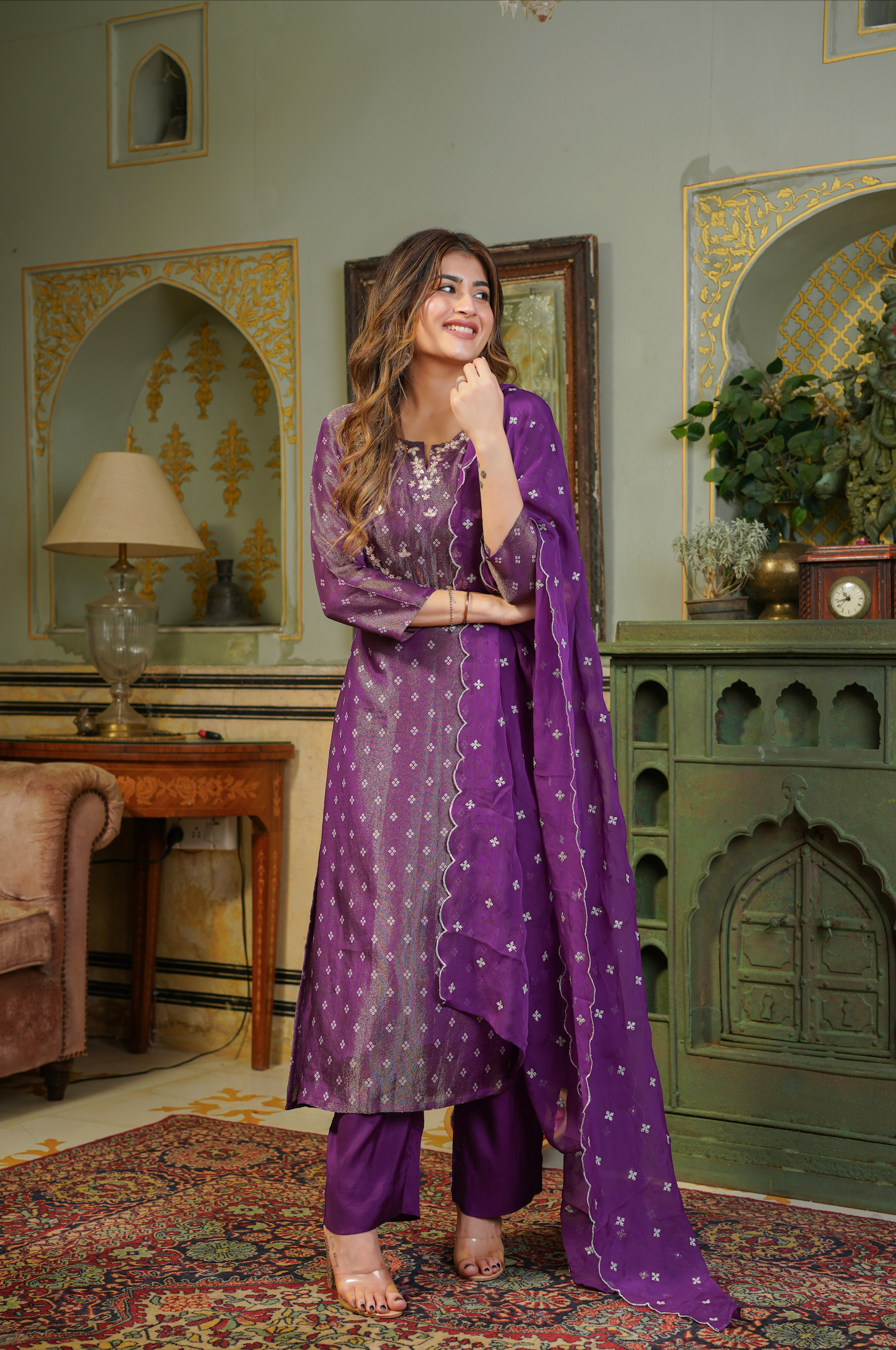 Plum Shimmer Bandhej Suit Set