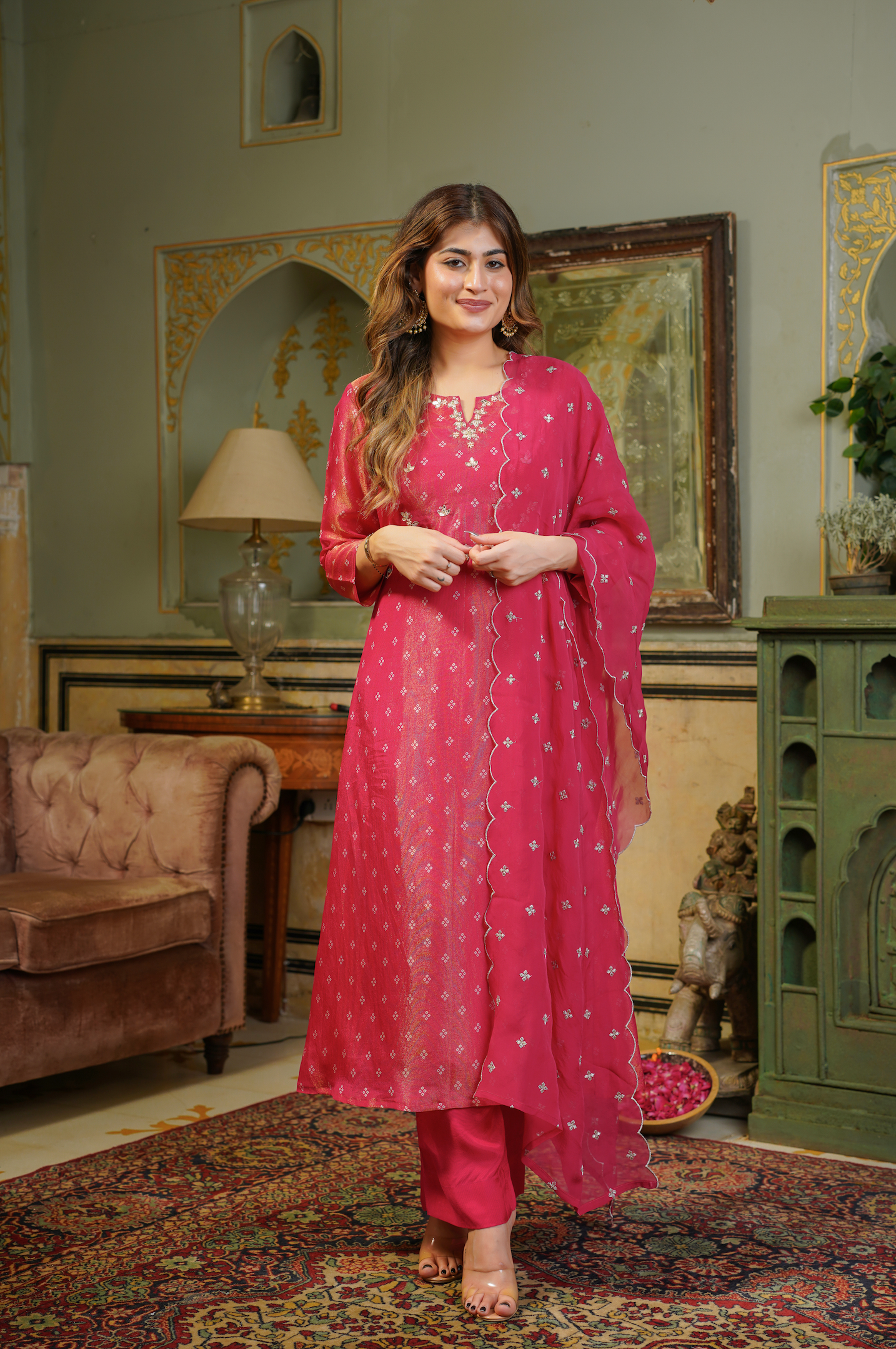 Rose Red Shimmer Bandhej Suit Set