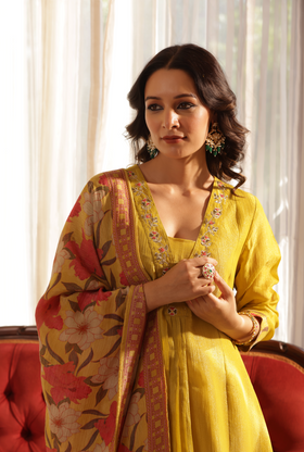 Mustard Crushed Shimmer Suit Set