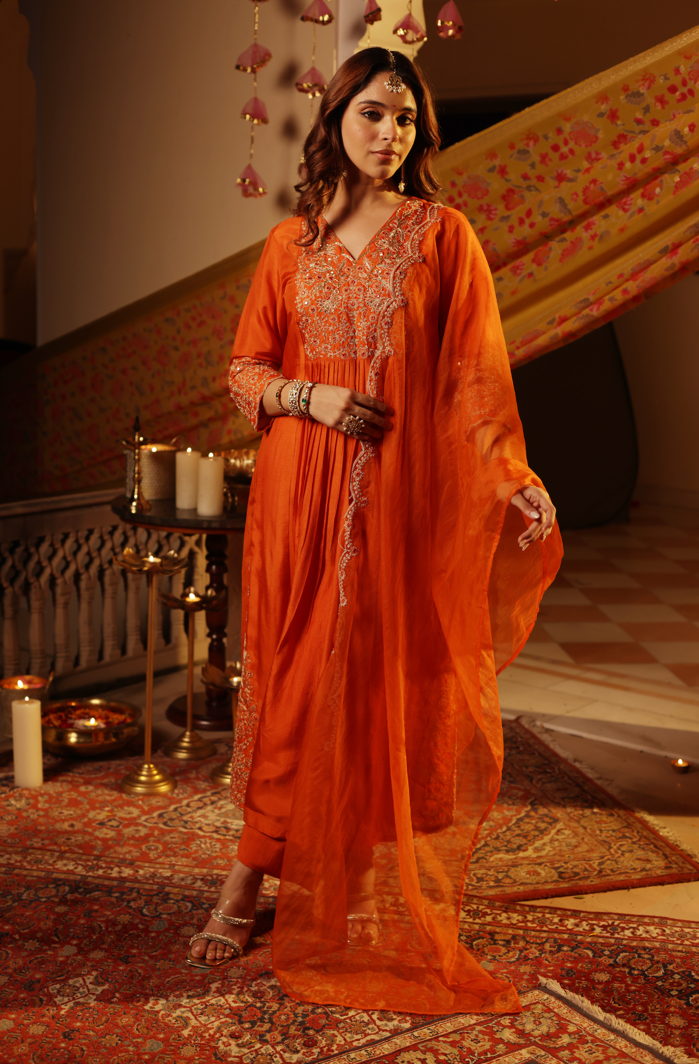 Fire Orange Silk Suit Set