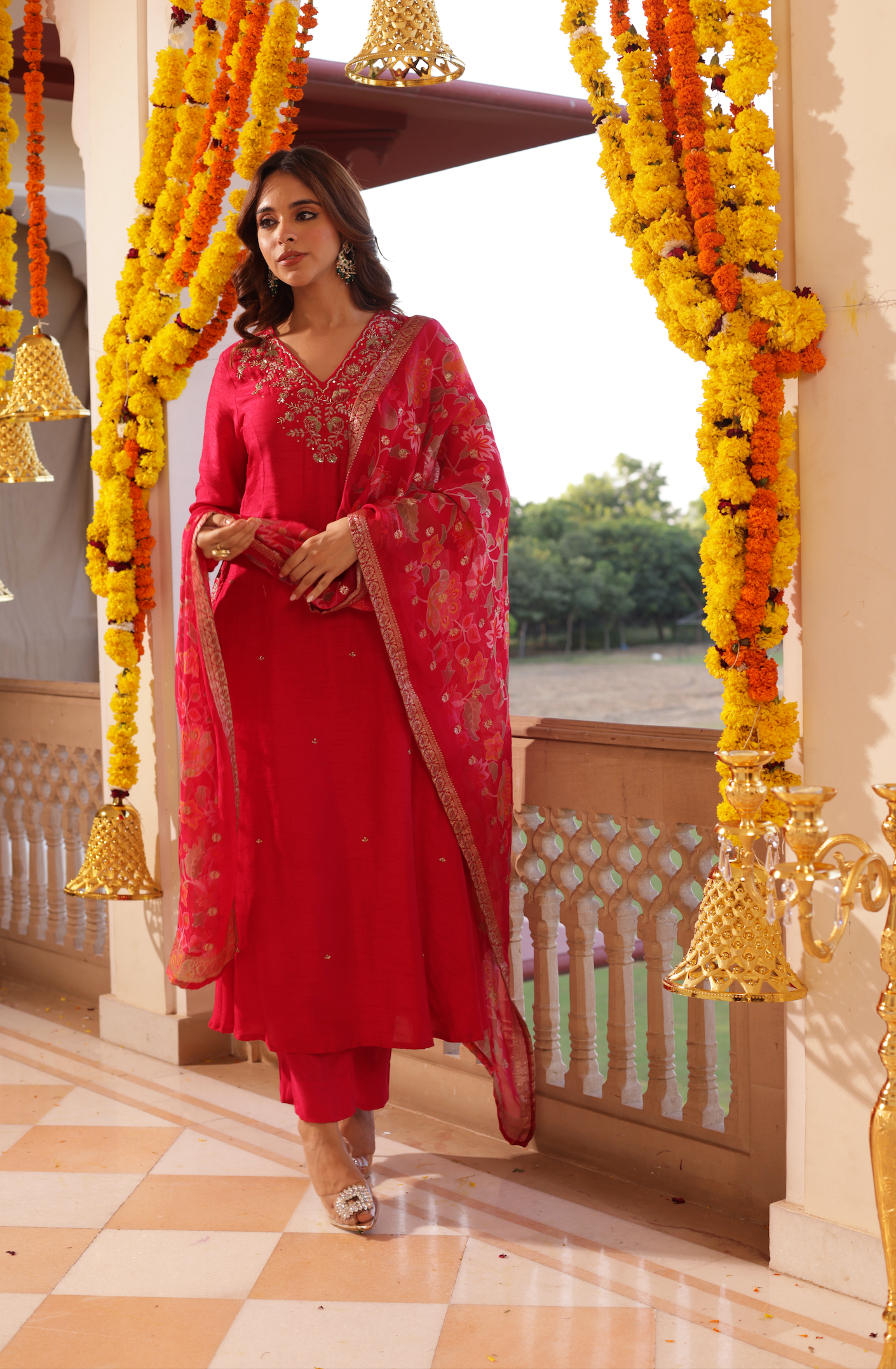 Crimson Red Silk Suit Set