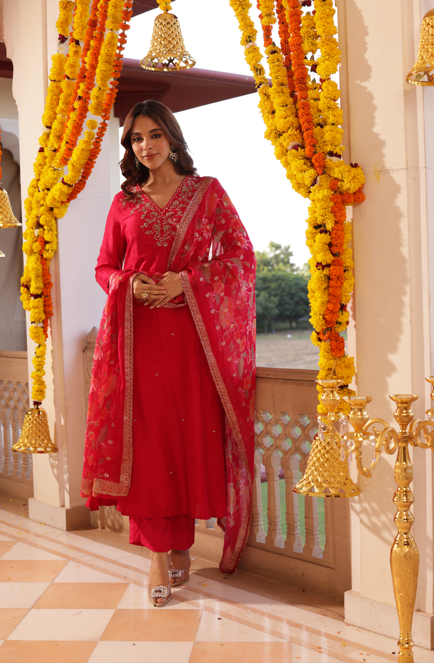 Crimson Red Silk Suit Set