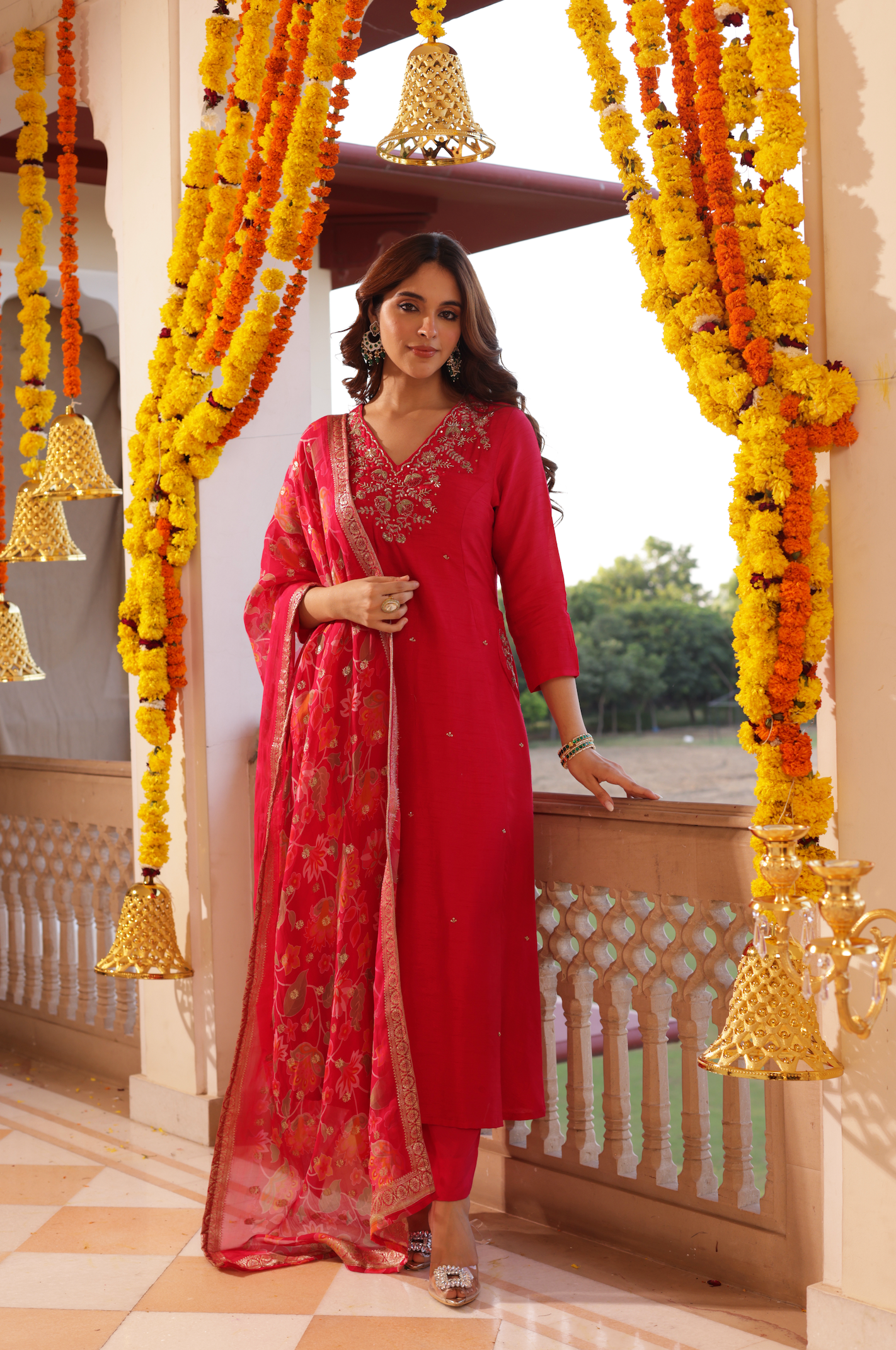 Crimson Red Silk Suit Set