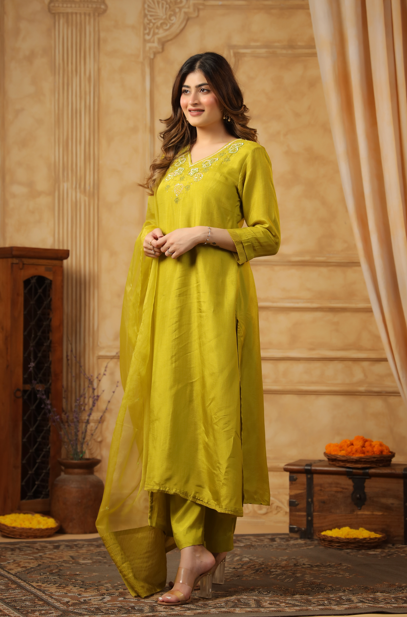 Bright Green Silk Suit Set