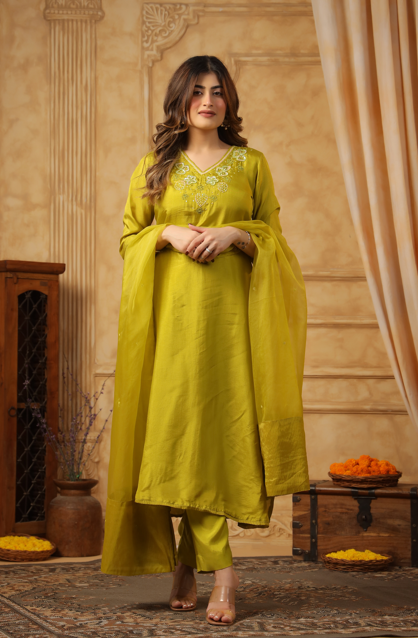 Bright Green Silk Suit Set