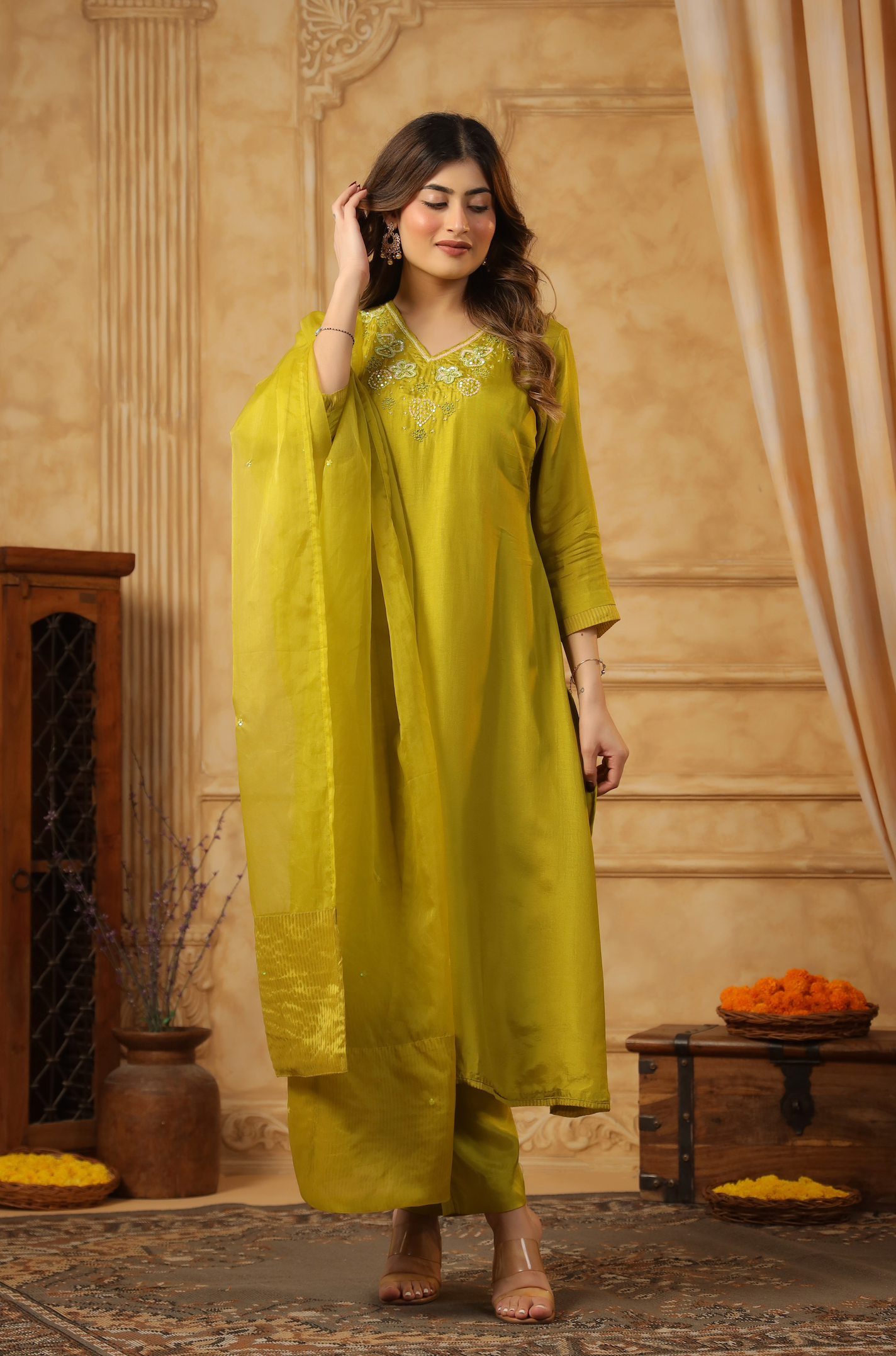 Bright Green Silk Suit Set