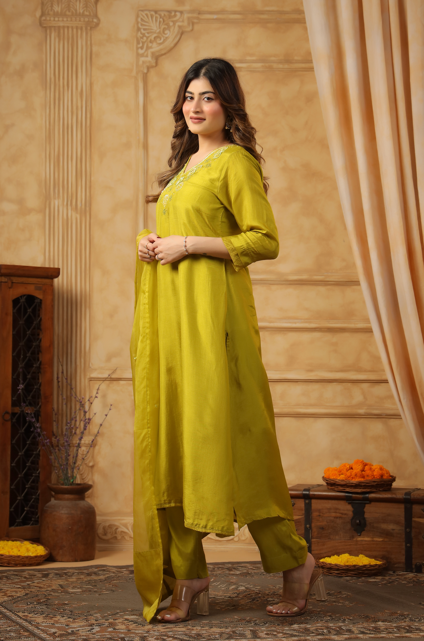 Bright Green Silk Suit Set