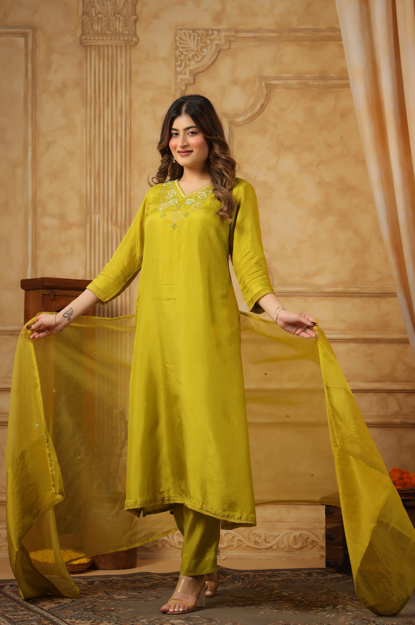 Bright Green Silk Suit Set