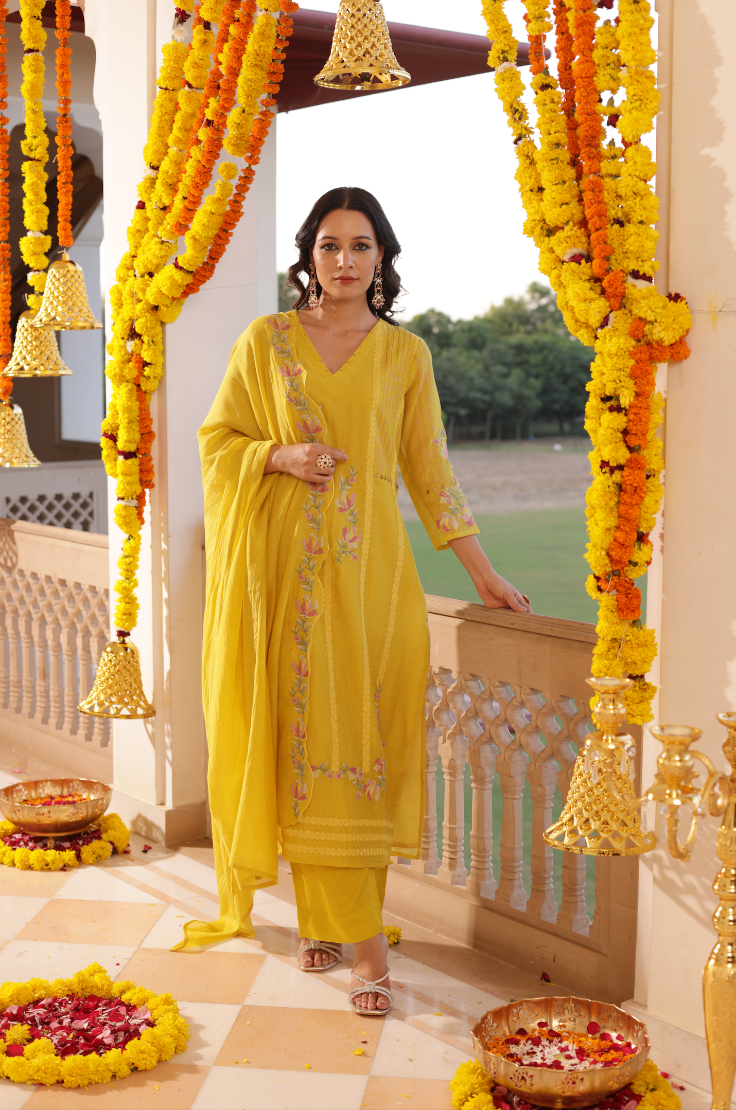 Yellow Mul Chanderi Suit Set