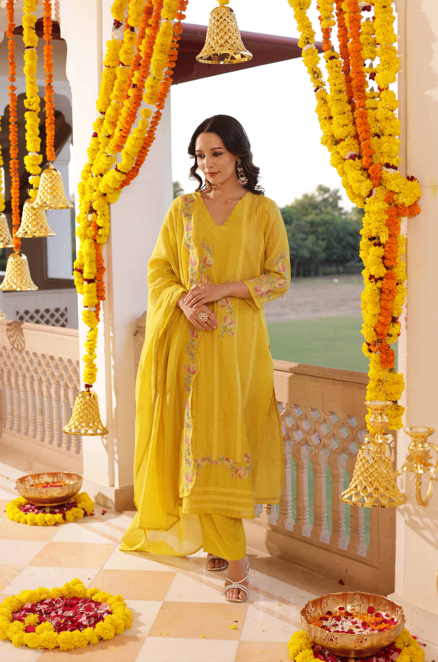 Yellow Mul Chanderi Suit Set