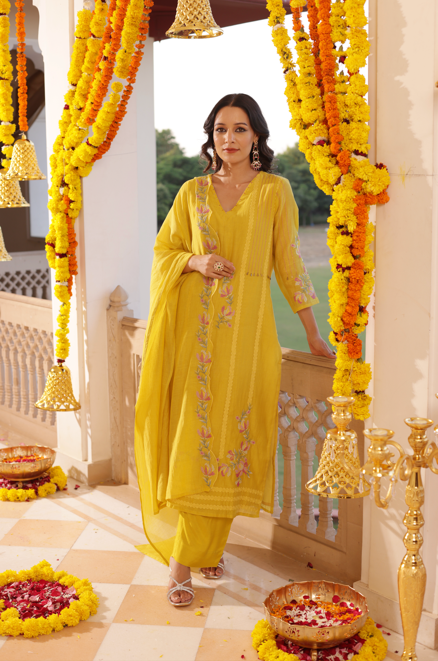 Yellow Mul Chanderi Suit Set