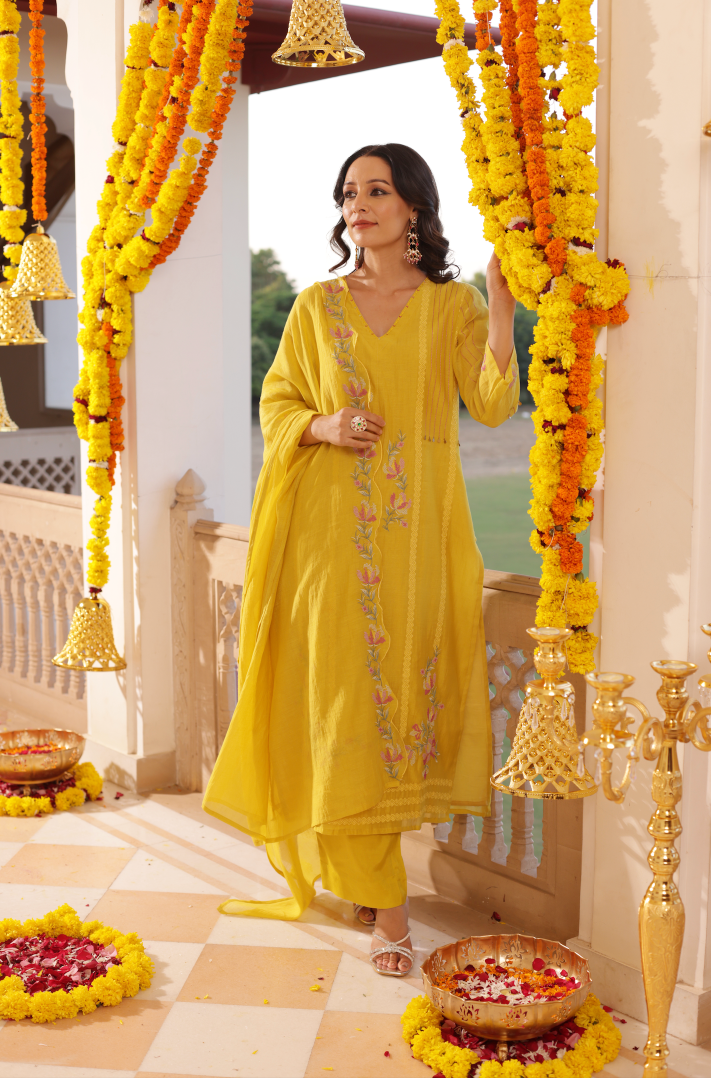 Yellow Mul Chanderi Suit Set