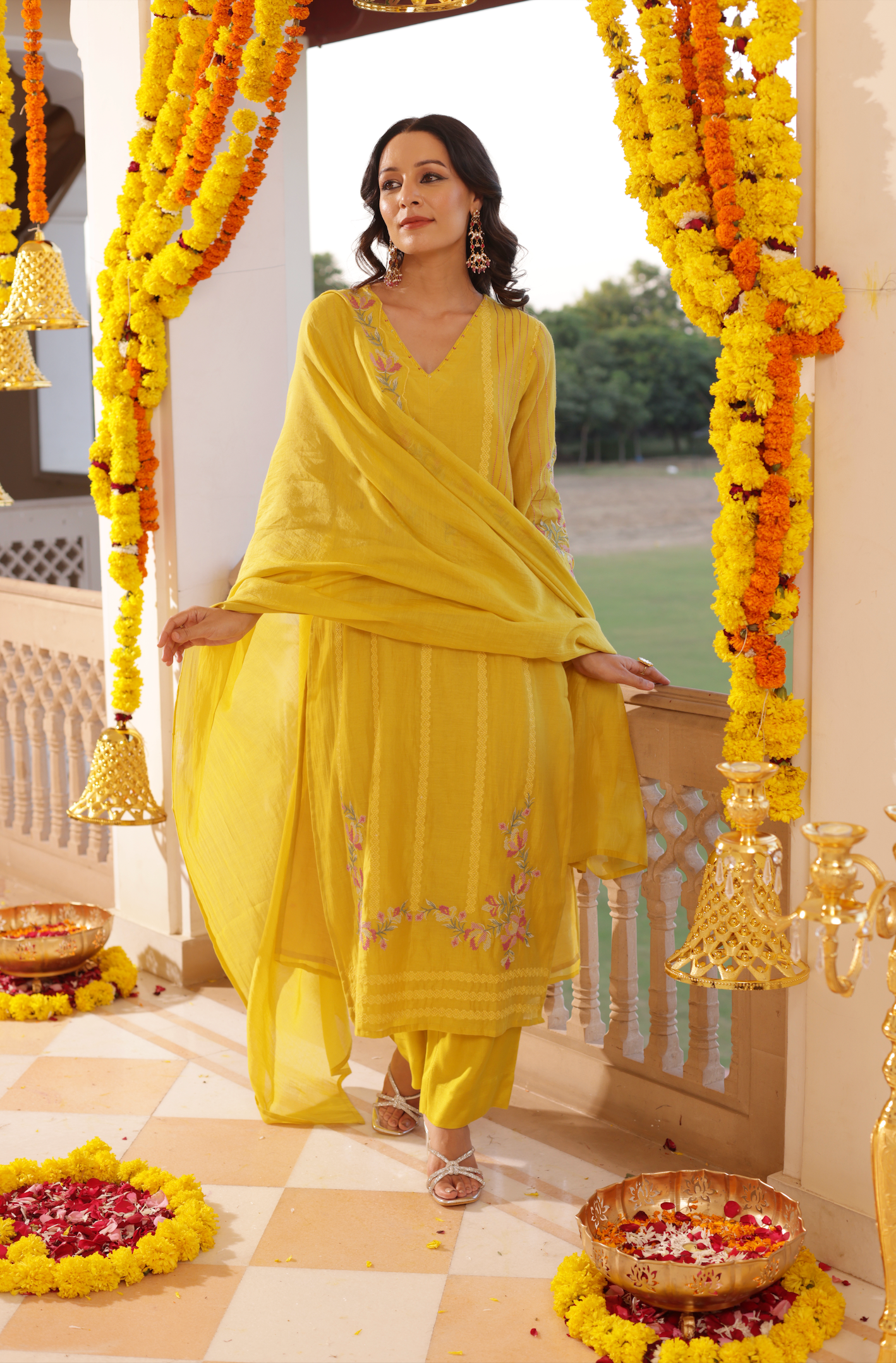 Yellow Mul Chanderi Suit Set