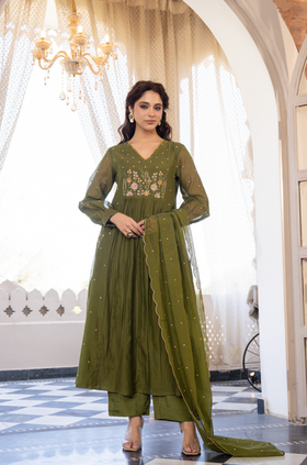 Forest Gleam Mul Chanderi Suit Set