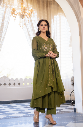 Forest Gleam Mul Chanderi Suit Set