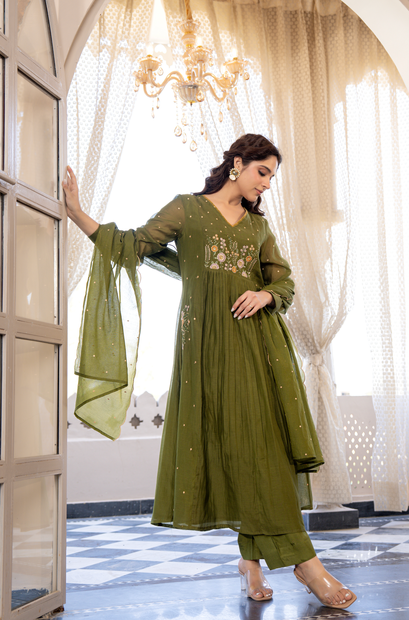 Forest Gleam Mul Chanderi Suit Set