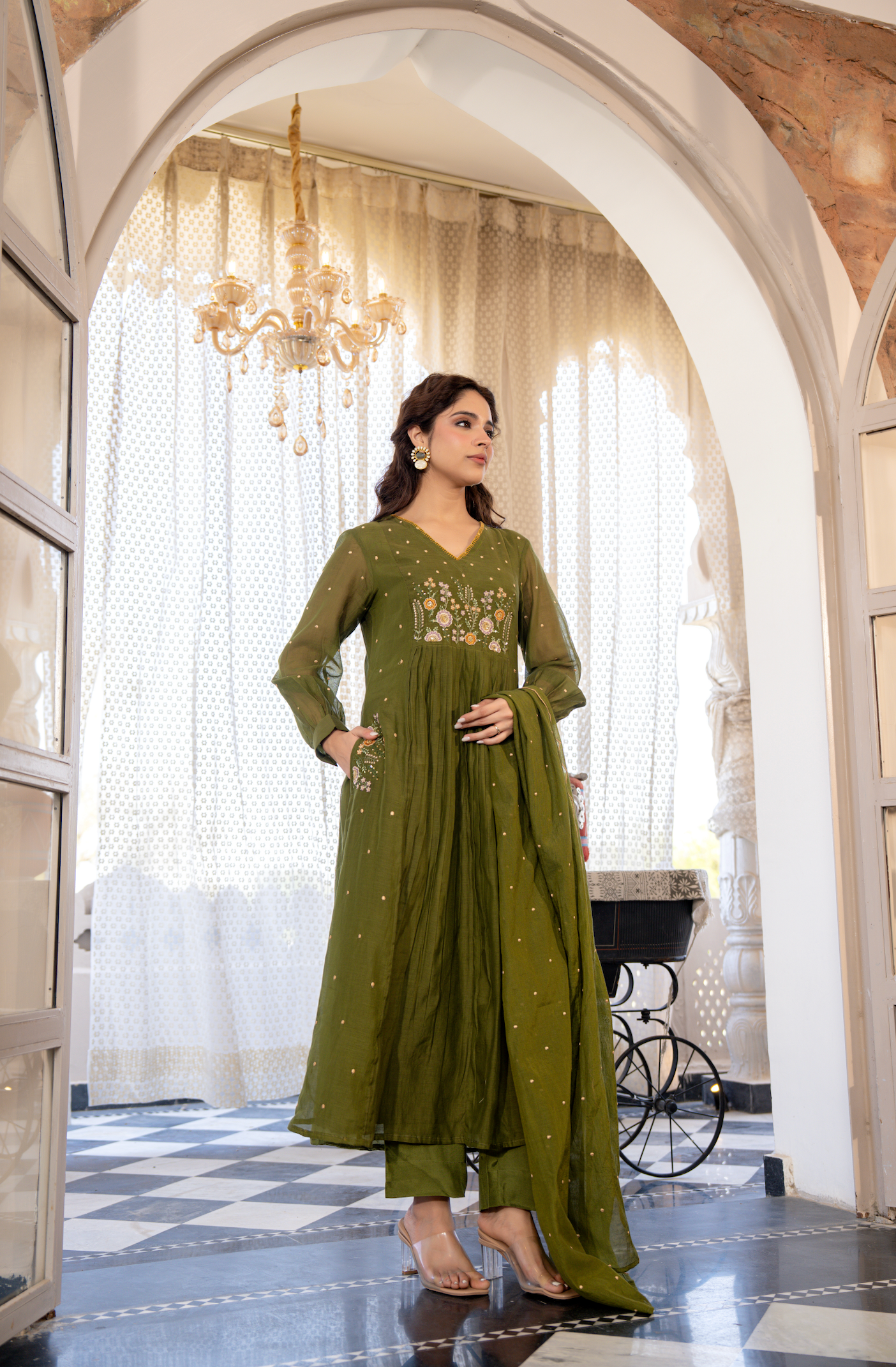 Forest Gleam Mul Chanderi Suit Set