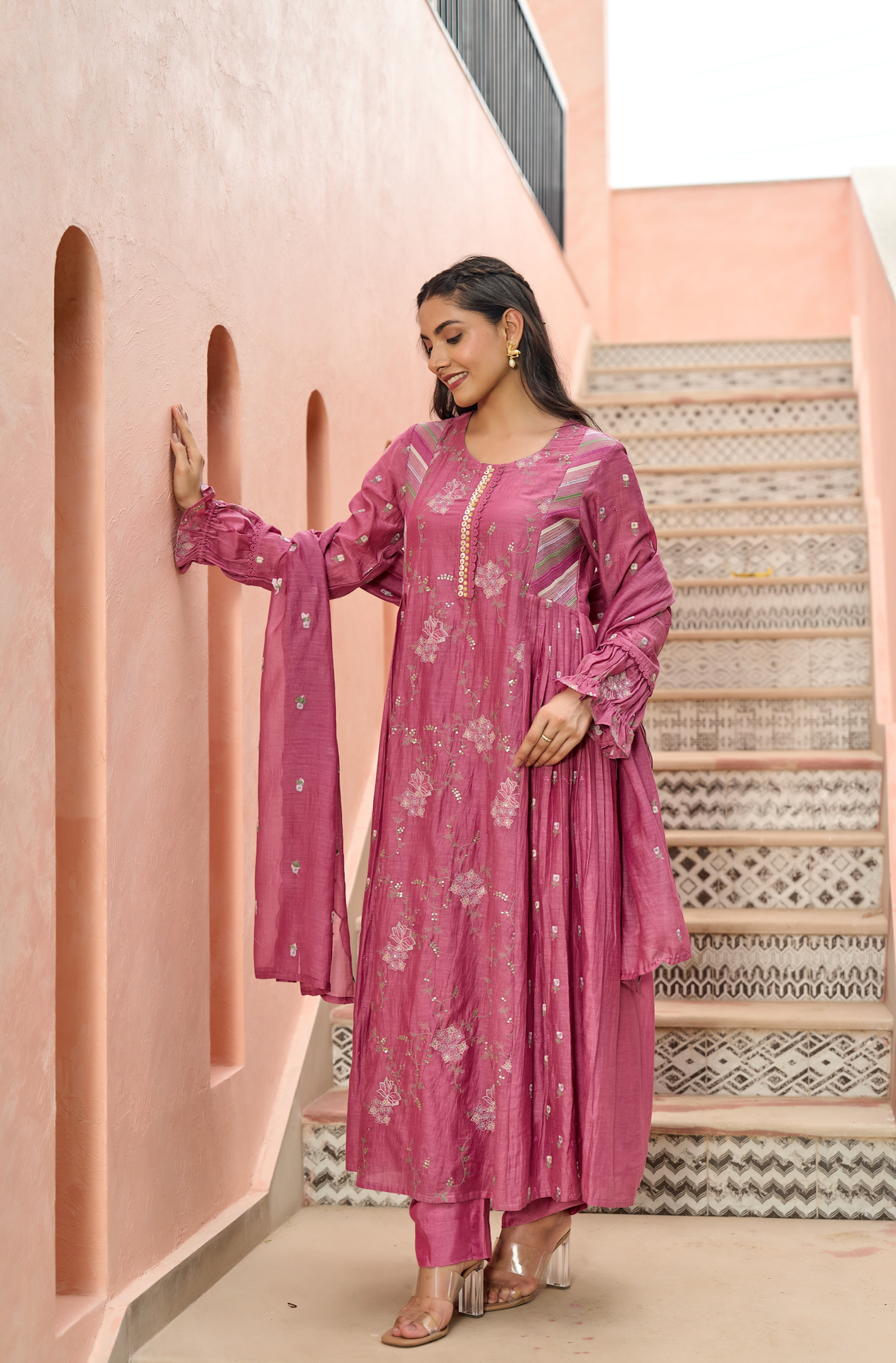 Mulberry Pink Chanderi Suit Set