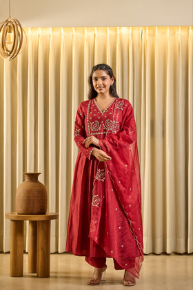 Crimson Bloom Embroidered Suit Set