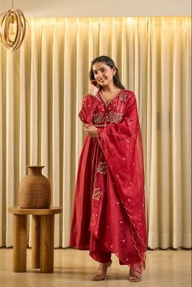 Crimson Bloom Embroidered Suit Set