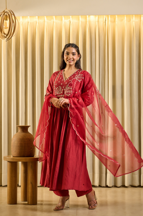 Crimson Bloom Embroidered Suit Set