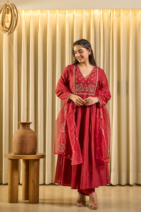 Crimson Bloom Embroidered Suit Set