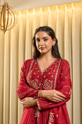 Crimson Bloom Embroidered Suit Set