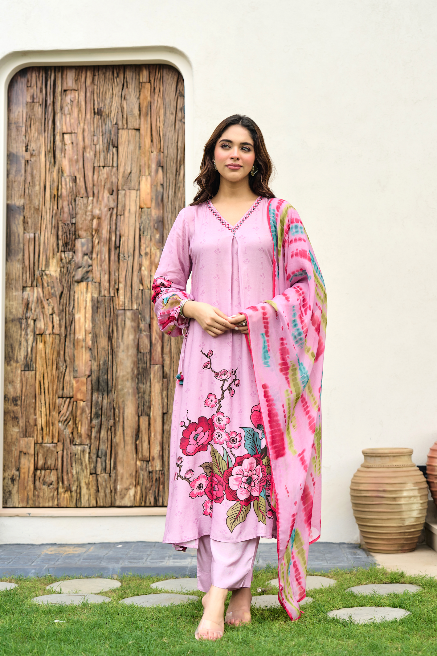 Rosé Bloom Muslin A-Line Suit Set